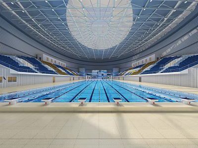 Large Indoor Swimming Pool With Blue Lanes Spectator Seating And Modern Ceiling Design 3d model