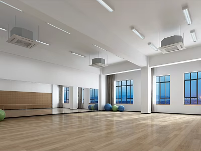 Spacious Fitness Studio With Wooden Floor White Walls Mirror Walls And Colorful Exercise Balls 3d model