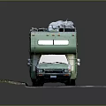 Green Vintage RV With Roof Equipment Parked On Gravel And Paved Area