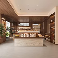 Modern Dessert Shop Interior With Wooden Shelves Marble Counter Displayed Pastries And Green Plant