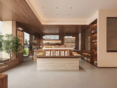 Modern Dessert Shop Interior With Wooden Shelves Marble Counter Displayed Pastries And Green Plant 3d model