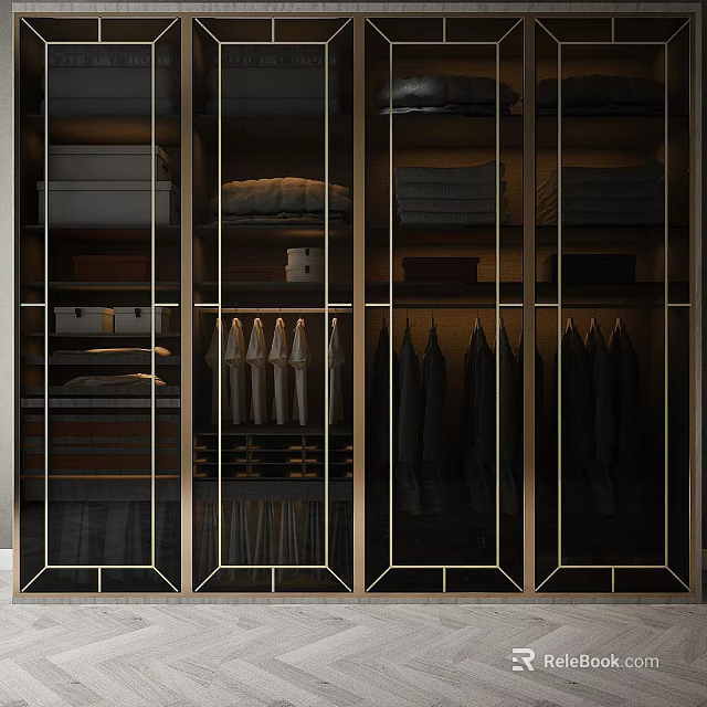 Modern Wardrobe Interior Design With Glass Doors Metal Frame Hanging Clothes And Storage Shelves 3d model 