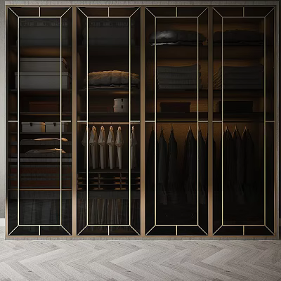 Modern Wardrobe Interior Design With Glass Doors Metal Frame Hanging Clothes And Storage Shelves 3d model