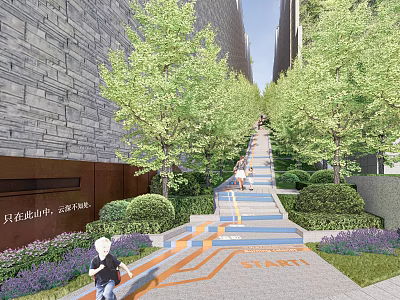 Scenic Urban Garden Landscape with Stone Steps Lush Trees Green Shrubs and Orange Pathway 3d model