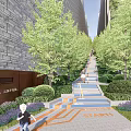 Scenic Urban Garden Landscape with Stone Steps Lush Trees Green Shrubs and Orange Pathway