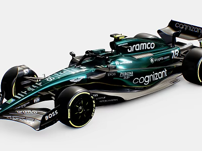 Green Formula 1 Racing Car with Aramco Cognizant BOSS Sponsorship Logos and Sleek Aerodynamic Design 3d model