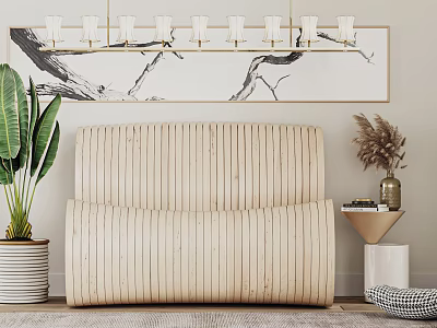 Modern Leisure Chair With Striped Backrest Decorative Painting Green Plant And Side Table 3d model