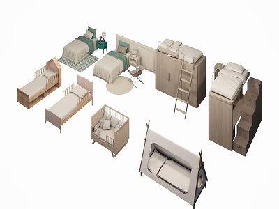 Wooden Children's Beds With Bunk Bed Tent Bed Baby Crib And Mattresses 3d model