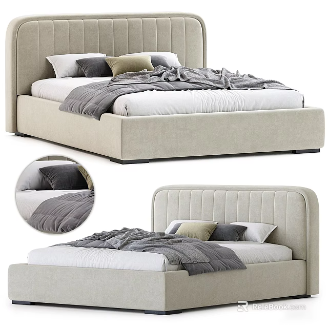 Modern Double Bed With Beige Upholstered Headboard And Gray White Bedding 3d model
