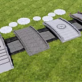 Landscape Bridge Design With Stone Structure And Lotus Shaped Stepping Stones In Green Grassy Area
