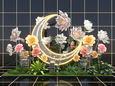 Popular Photo Spot with Moon Shaped Decoration Pink Yellow White Flowers and Green Plants 3d model