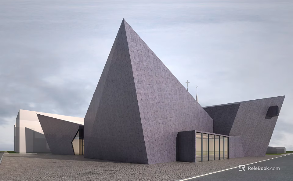 Modern Architectural Structure With Triangular Gray Facade And Glass Windows In Open Area Sky Background 3d model 