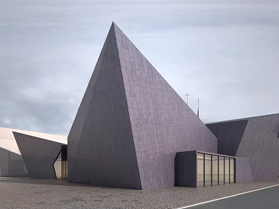 Modern Architectural Structure With Triangular Gray Facade And Glass Windows In Open Area Sky Background 3d model