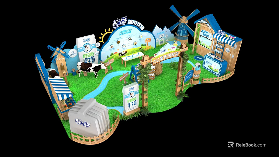 Rustic Pasture Themed Scene With Windmill Cow Stream And Display Boards 3d model 
