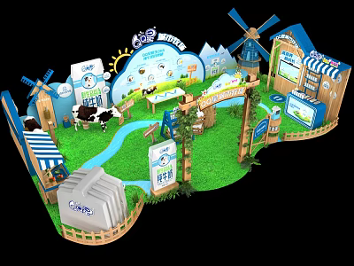 Rustic Pasture Themed Scene With Windmill Cow Stream And Display Boards 3d model
