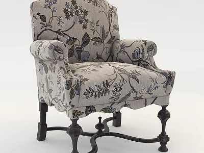 Classic Upholstered Armchair With Floral Fabric Pattern And Ornate Wooden Legs 3d model