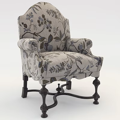 Classic Upholstered Armchair With Floral Fabric Pattern And Ornate Wooden Legs 3d model