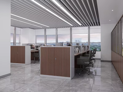 Modern Office Interior With Wooden Cubicles Desks Chairs Striped Ceiling And Large Windows 3d model