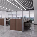 Modern Office Interior With Wooden Cubicles Desks Chairs Striped Ceiling And Large Windows