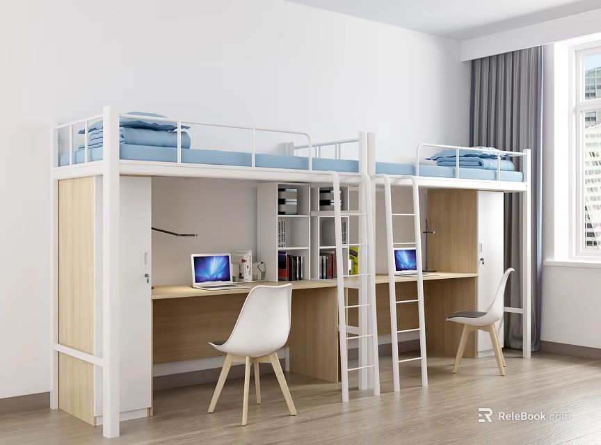 School Dormitory Interior With Bunk Beds Desks Chairs And Laptops 3d model