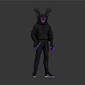 Stylish Character Wearing Black Hoodie Antlered Hood Purple Accents Chain Dark Pants Sneakers