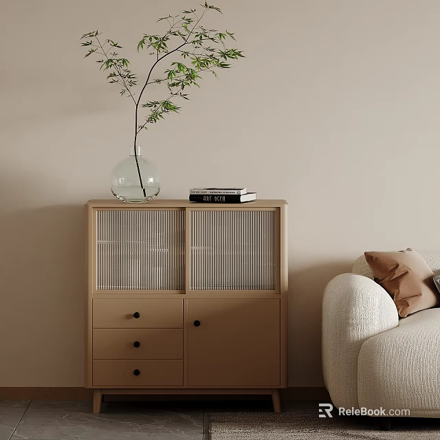 Beige Modern Sideboard With Glass Doors Drawers Clear Vase Green Plant Books And Sofa Cushions 3d model 