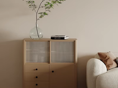 Beige Modern Sideboard With Glass Doors Drawers Clear Vase Green Plant Books And Sofa Cushions 3d model