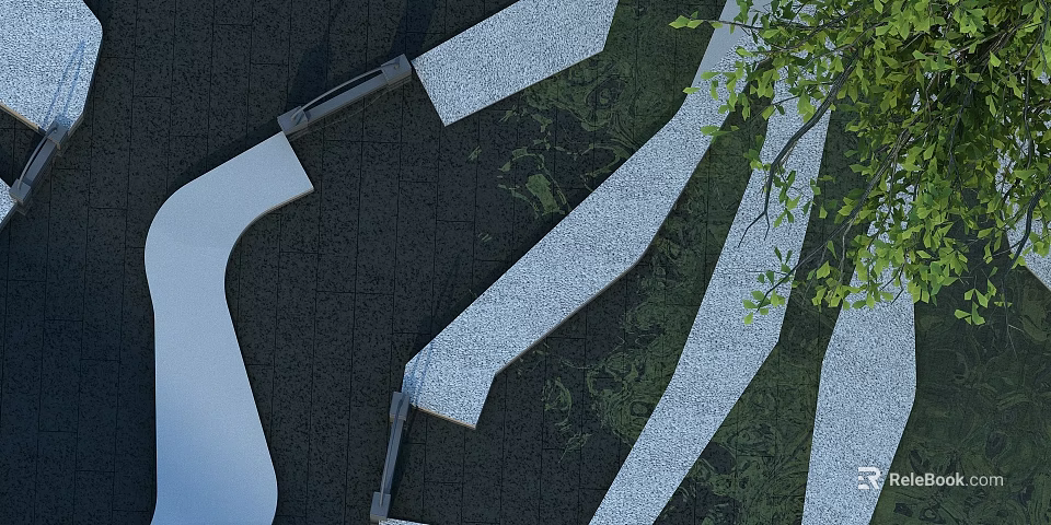 Winding White Pathways In Dark Paved Park Landscape With Green Tree Leaves 3d model 