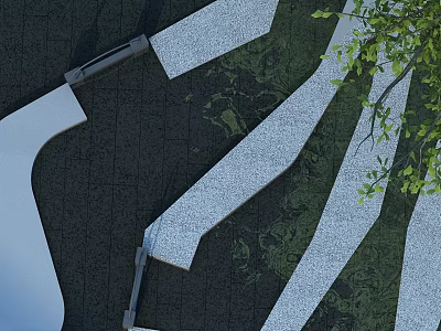 Winding White Pathways In Dark Paved Park Landscape With Green Tree Leaves 3d model