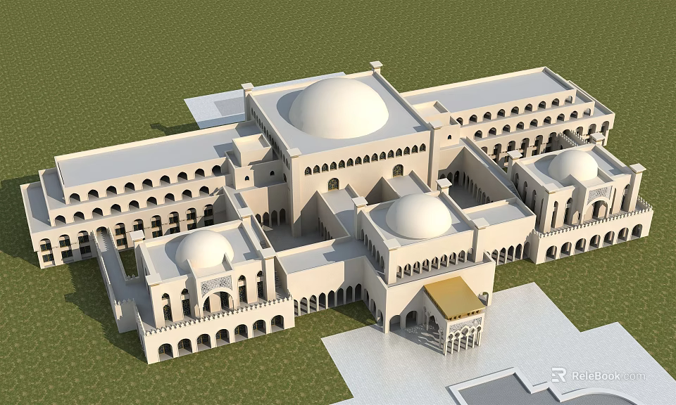 Traditional White Architecture With Multiple Domes Arches And Symmetrical Courtyard Design 3d model 