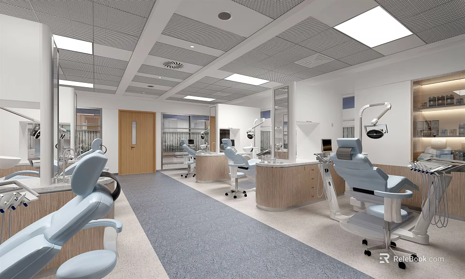 Modern Dental Clinic Interior With Treatment Chairs Workstations And Ceiling Lights 3d model 