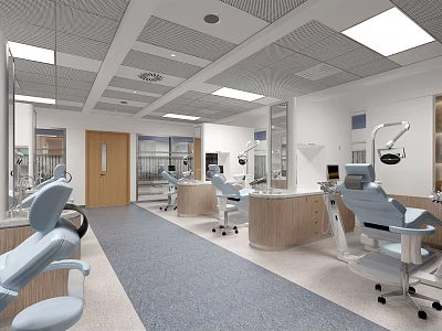 Modern Dental Clinic Interior With Treatment Chairs Workstations And Ceiling Lights 3d model