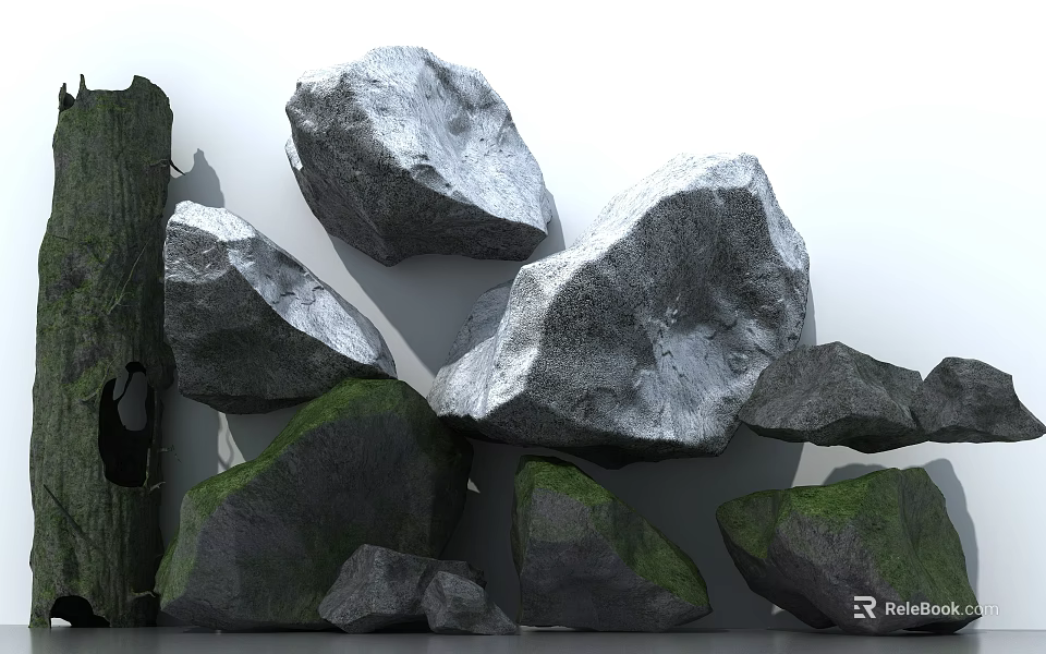 Natural Stone and Wood Display With Various Sizes Mossy Textures and Rustic Logs 3d model 