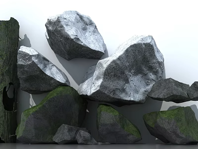 Natural Stone and Wood Display With Various Sizes Mossy Textures and Rustic Logs 3d model