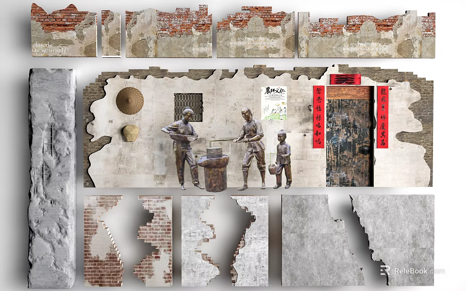 Traditional Wall Textures Featuring Red Brick Earthen Walls Figure Statues And Door With Couplets 3d model 