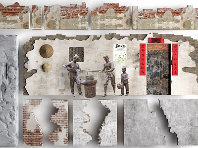 Traditional Wall Textures Featuring Red Brick Earthen Walls Figure Statues And Door With Couplets 3d model