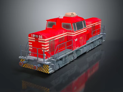 Red Train Locomotive With White Stripes Yellow Black Stripes Gray Base And Number 150 65 3d model
