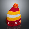 Red Yellow White Striped Knit Beanie Hat With Orange Pom Pom For Winter Wear