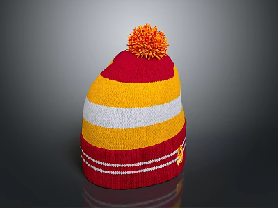 Red Yellow White Striped Knit Beanie Hat With Orange Pom Pom For Winter Wear 3d model