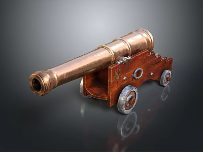Vintage Brass Cannon With Wooden Carriage And Metal Wheels On Dark Reflective Surface 3d model