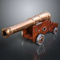 Vintage Brass Cannon With Wooden Carriage And Metal Wheels On Dark Reflective Surface
