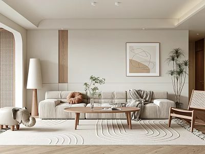 Modern Living Room With Beige Sofa Wooden Coffee Table Green Plant Wavy Rug And Artwork 3d model