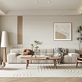Modern Living Room With Beige Sofa Wooden Coffee Table Green Plant Wavy Rug And Artwork