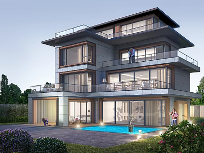 Modern Detached Villa With Large Windows Balconies Swimming Pool And Garden Greenery 3d model