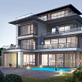 Modern Detached Villa With Large Windows Balconies Swimming Pool And Garden Greenery