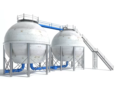Large Industrial Spherical Storage Tanks With Metal Supports Blue Connecting Pipelines And Ladders 3d model