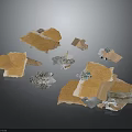 Scattered Broken Fragments of Orange and White Materials with Small Metallic Debris