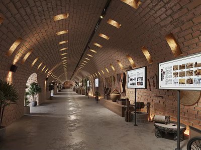 Brick Arch Corridor Interior With Display Boards Plants Vintage Items And Lighting 3d model