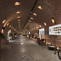 Brick Arch Corridor Interior With Display Boards Plants Vintage Items And Lighting