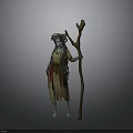 Mythical Blue Skinned Figure With Decorative Headdress Wooden Staff And Colorful Robe
